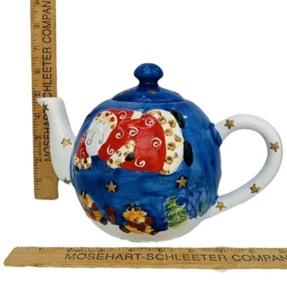 Santa Claus Christmas Pottery Vintage Hand Painted Ceramic Teapot With Lid - Picture 9 of 10